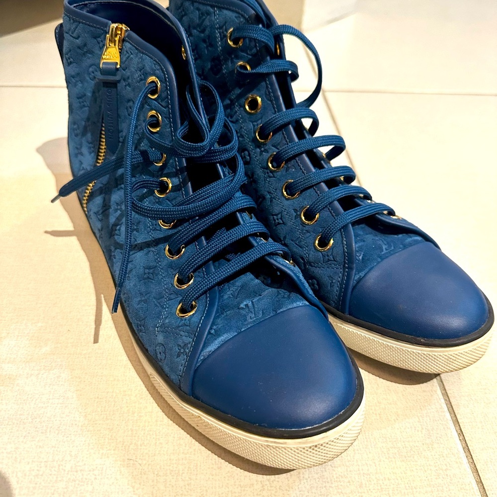 LV suede leather combo embossed high top sneakers